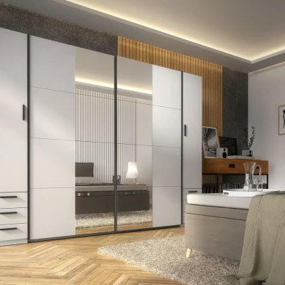 Zrcadlová šatní skříň 270 cm se šuplíky GIRADOT - bílá / černé úchyty