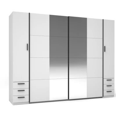 Zrcadlová šatní skříň 270 cm se šuplíky GIRADOT - bílá / černé úchyty