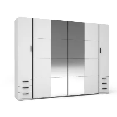 Zrcadlová šatní skříň 270 cm se šuplíky GIRADOT - bílá / černé úchyty