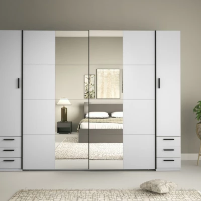 Zrcadlová šatní skříň 270 cm se šuplíky GIRADOT - bílá / černé úchyty