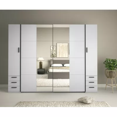 Zrcadlová šatní skříň 270 cm se šuplíky GIRADOT - bílá / černé úchyty