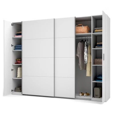 Velká šatní skříň 270 cm GIRADOT - bílá / stříbrné úchyty