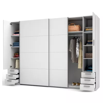 Velká šatní skříň 270 cm se šuplíky GIRADOT - bílá / stříbrné úchyty