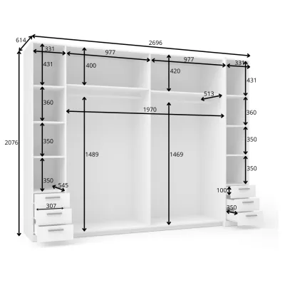 Velká šatní skříň 270 cm se šuplíky GIRADOT - bílá / stříbrné úchyty