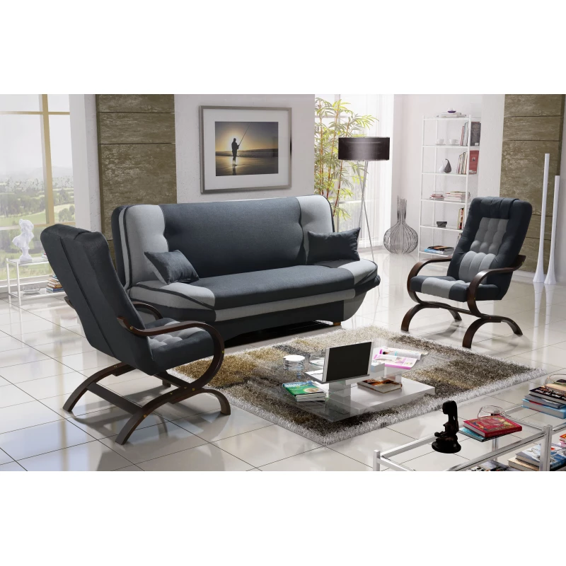 Sedací sestava INGRIDA - tmavě modrá / šedá / ořech