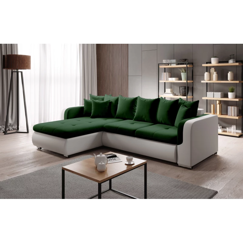Rohová sedací souprava DAFNI MINI - bílá / tmavě zelená, levý roh