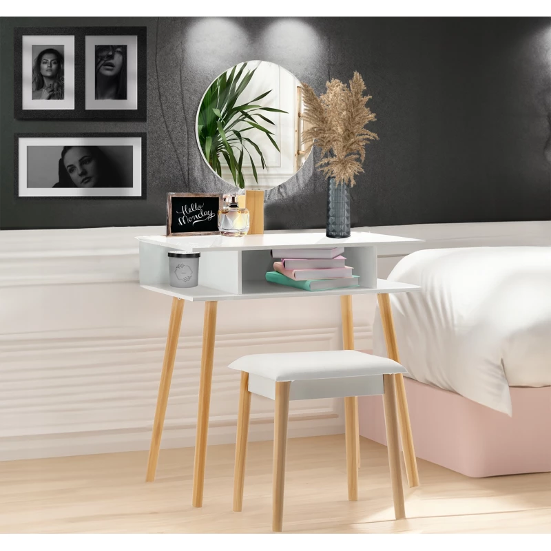 Toaletní stolek se stoličkou MADOX - bílý / hnědý