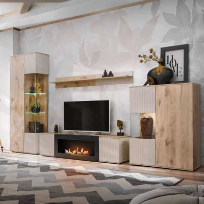 Stěna do obýváku HAIKA s biokrbem - dub viking / kašmír