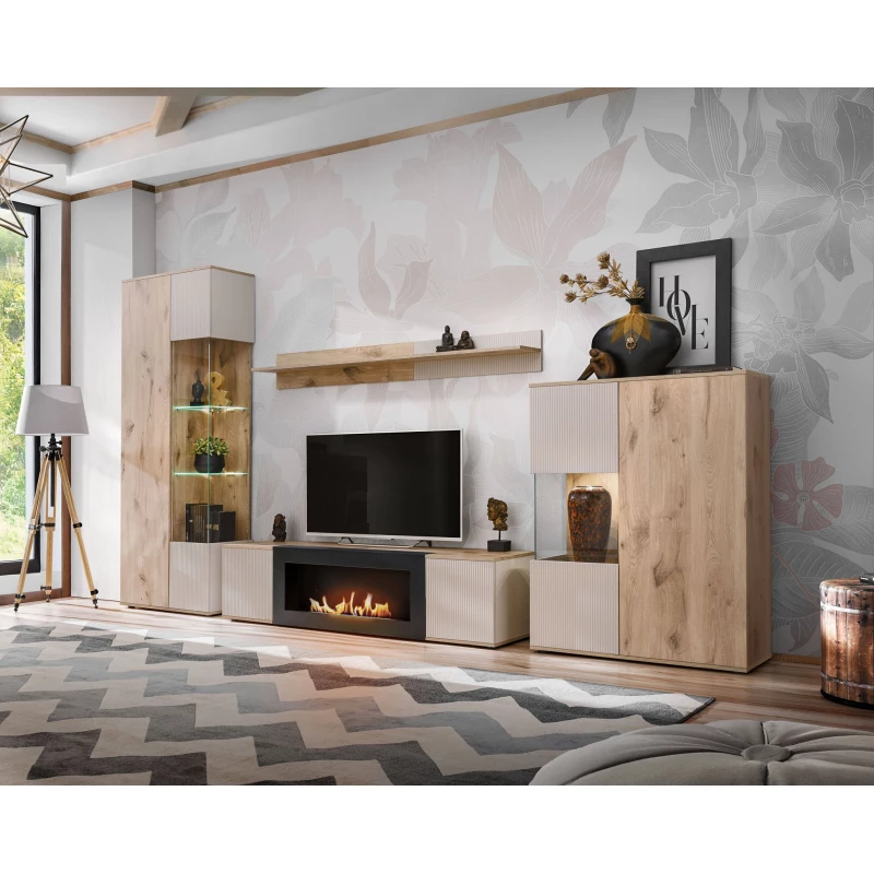 Stěna do obýváku HAIKA s biokrbem - dub viking / kašmír