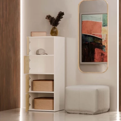 Úzká komoda s dvířky ATALLA - bílá / dub artisan