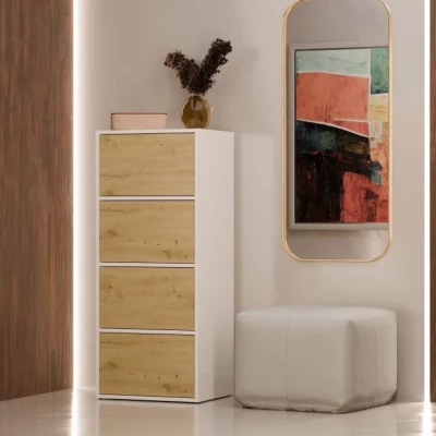 Úzká komoda s dvířky ATALLA - bílá / dub artisan