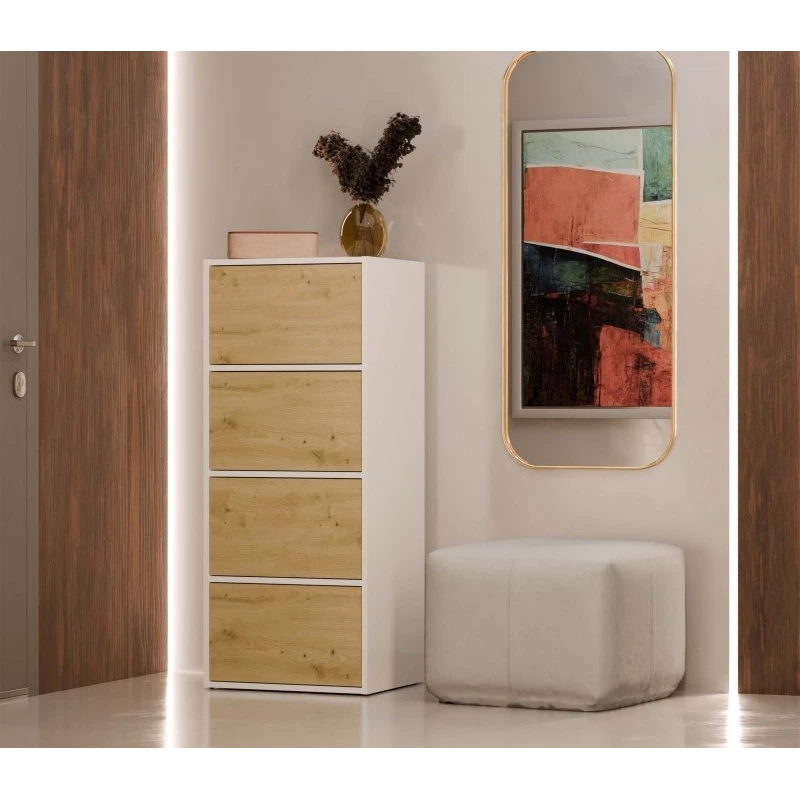 Úzká komoda s dvířky ATALLA - bílá / dub artisan