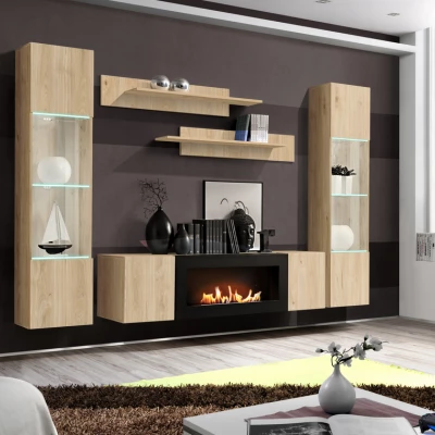 Stěna do obývacího pokoje FREYA s biokrbem - hickory jackson