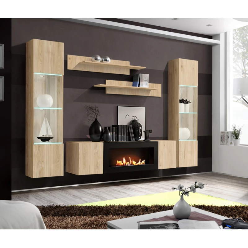 Stěna do obývacího pokoje FREYA s biokrbem - hickory jackson