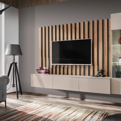 Obývací stěna CECILIA s LED osvětlením - kašmír / dub artisan / černá