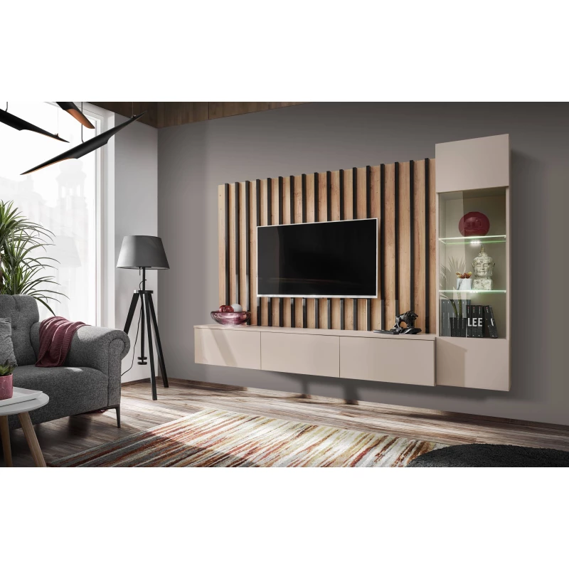 Obývací stěna CECILIA s LED osvětlením - kašmír / dub artisan / černá