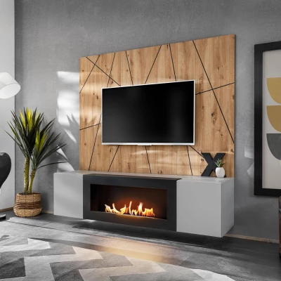 Stěna do obývacího pokoje SHIRIKI s biokrbem - perlově šedá / dub artisan / černá