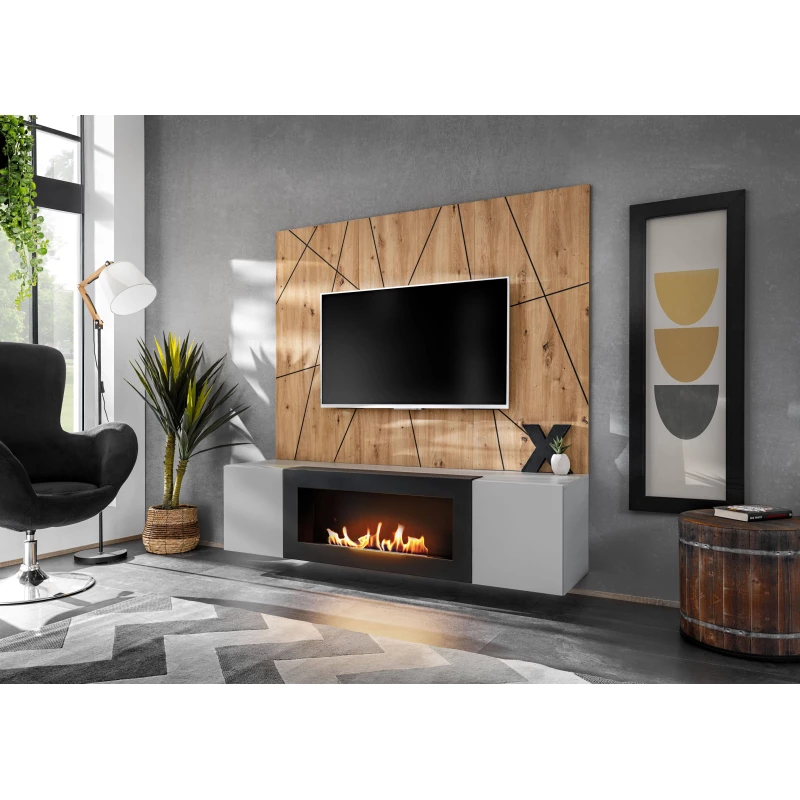 Stěna do obývacího pokoje SHIRIKI s biokrbem - perlově šedá / dub artisan / černá