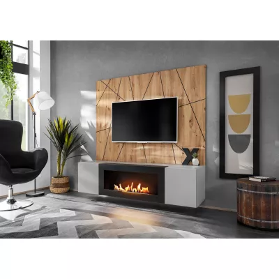 Stěna do obývacího pokoje SHIRIKI s biokrbem - perlově šedá / dub artisan / černá