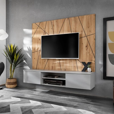 Stěna do obýváku SHIRIKI - perlově šedá / dub artisan / černá