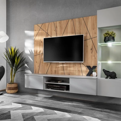 Stěna do obýváku SHIRIKI s LED osvětlením - perlově šedá / dub artisan / černá