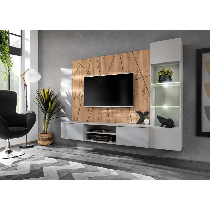 Stěna do obýváku SHIRIKI s LED osvětlením - perlově šedá / dub artisan / černá