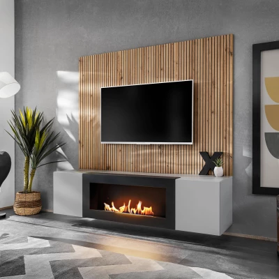 Stěna do obýváku SHIRIKI s biokrbem - perlově šedá / dub artisan / černá