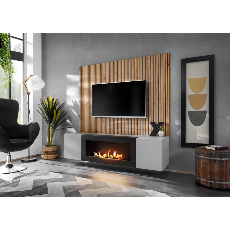 Stěna do obýváku SHIRIKI s biokrbem - perlově šedá / dub artisan / černá