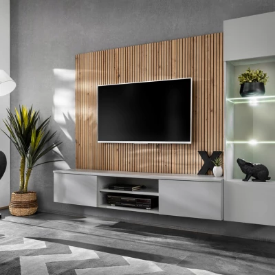 Obývací stěna SHIRIKI s LED osvětlením - perlově šedá / dub artisan / černá