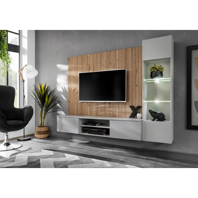 Obývací stěna SHIRIKI s LED osvětlením - perlově šedá / dub artisan / černá