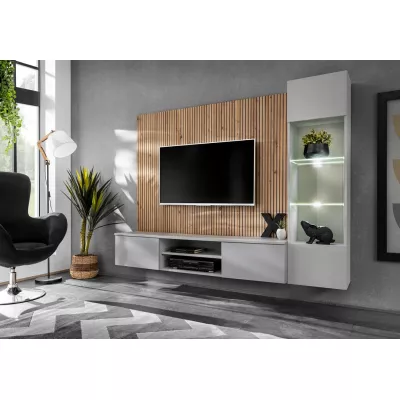 Obývací stěna SHIRIKI s LED osvětlením - perlově šedá / dub artisan / černá