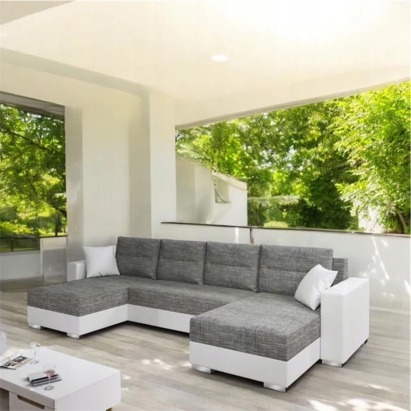 Rozkládací sedací souprava do U LUCASA 2 - světlé šedá / bílá eko kůže