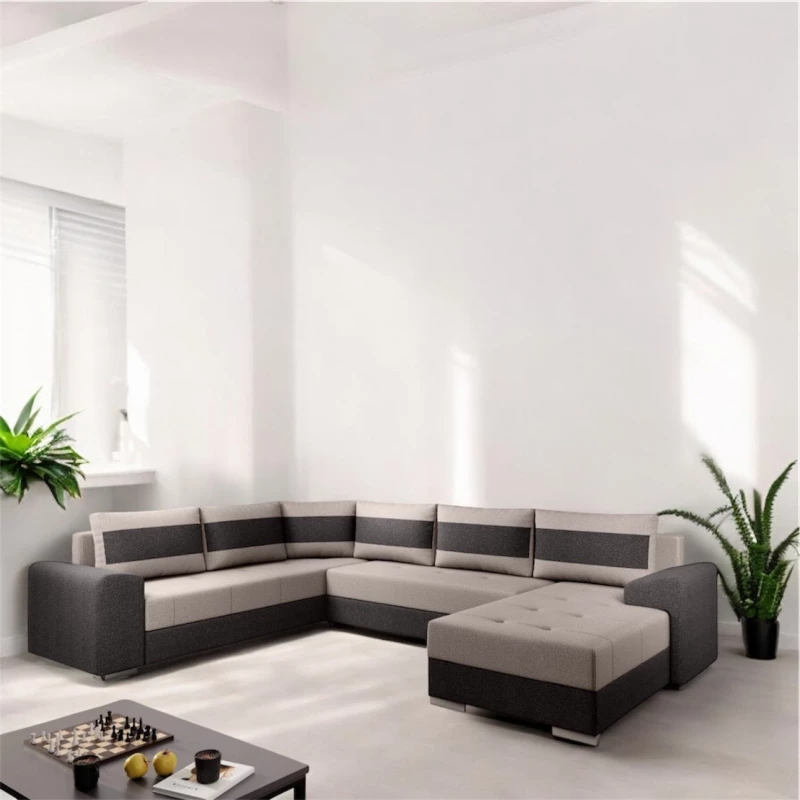 Rohová rozkládací sedací souprava GEVANA 3 - světle šedá / hnědá