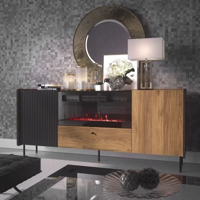 Komoda s elektrickým krbem ASHEBORO - ořech / san sebastian / černá
