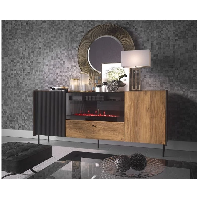 Komoda s elektrickým krbem ASHEBORO - ořech / san sebastian / černá