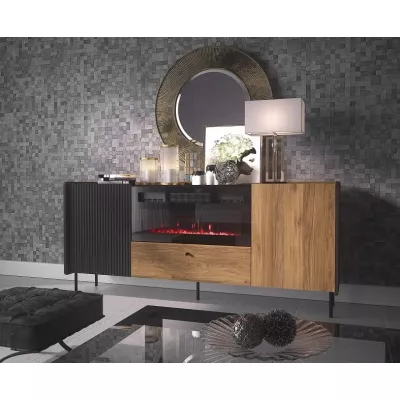 Komoda s elektrickým krbem ASHEBORO - ořech / san sebastian / černá