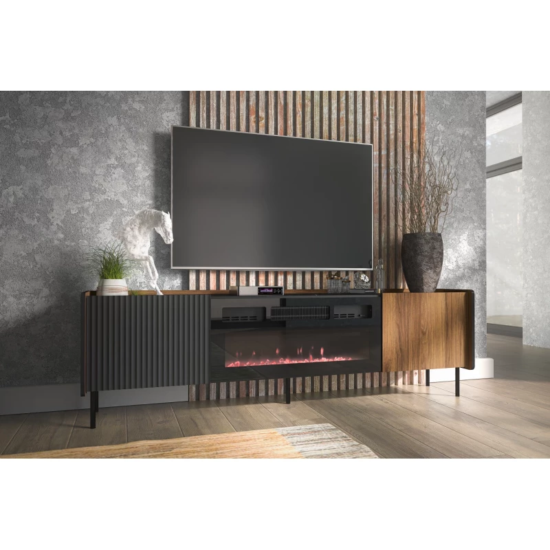 TV stolek s elektrickým krbem ASHEBORO - ořech / san sebastian / černý
