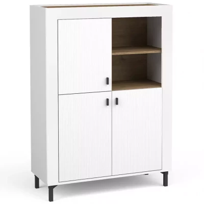 Úzká komoda s dvířky AUROVA - bílá / dub whiskey