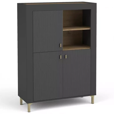 Úzká komoda s dvířky AUROVA - černá / dub whiskey