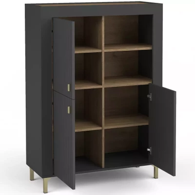 Úzká komoda s dvířky AUROVA - černá / dub whiskey