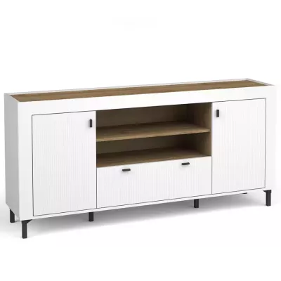 Široká kombinovaná komoda AUROVA - bílá / dub whiskey