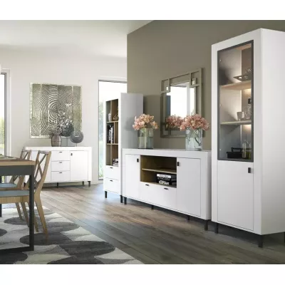 Široká kombinovaná komoda AUROVA - bílá / dub whiskey