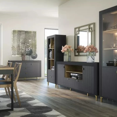 Široká kombinovaná komoda AUROVA - černá / dub whiskey