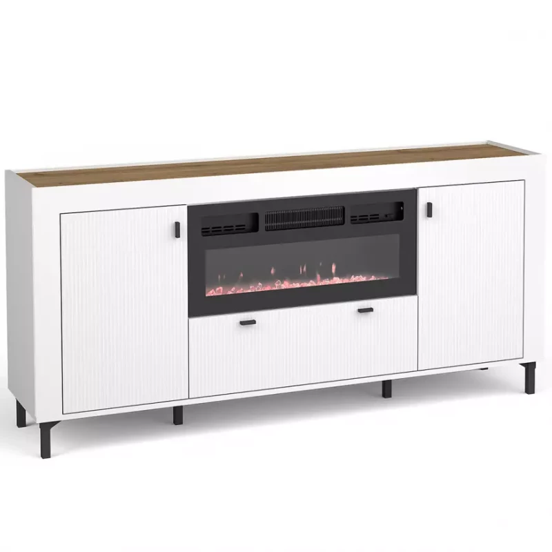 Široká komoda s elektrickým krbem AUROVA - bílá / dub whiskey