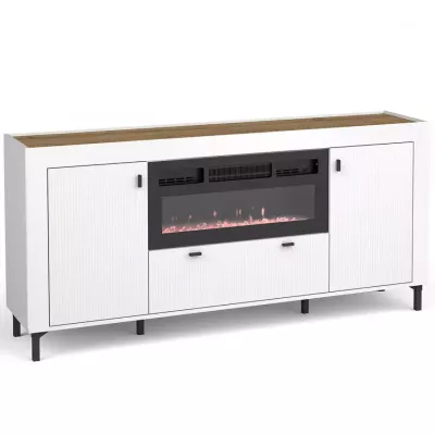 Široká komoda s elektrickým krbem AUROVA - bílá / dub whiskey
