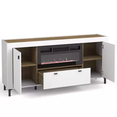 Široká komoda s elektrickým krbem AUROVA - bílá / dub whiskey