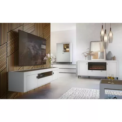 Široká komoda s elektrickým krbem AUROVA - bílá / dub whiskey