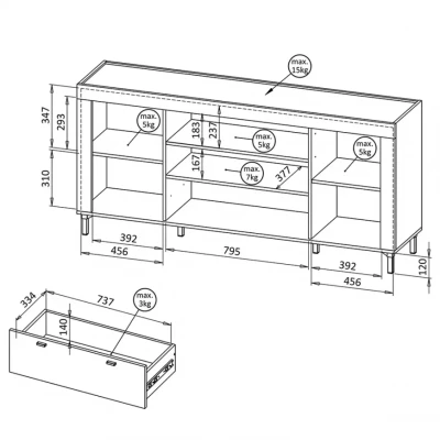 Široká komoda s elektrickým krbem AUROVA - bílá / dub whiskey
