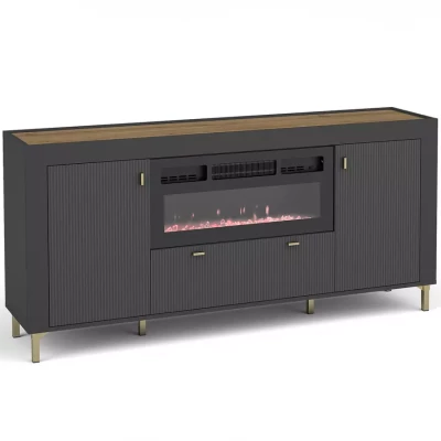Široká komoda s elektrickým krbem AUROVA - černá / dub whiskey