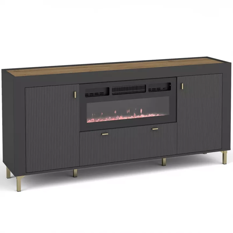 Široká komoda s elektrickým krbem AUROVA - černá / dub whiskey